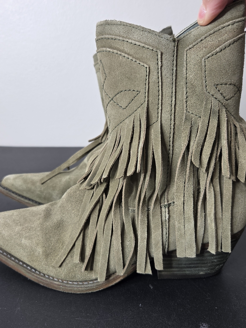 Free People Lawless Fringe Western Ankle Boots Olive Green Suede - Picture 2 of 11